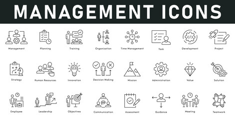 management Icons vector illustration with thin line editable stroke containing planning, training, task development, strategy, project, organization, HR, innovation, mission, value, solution, teamwork