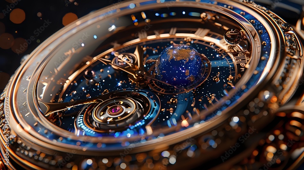 Poster intricate astronomical watch face with golden metallic details and deep blue cosmic elements showing