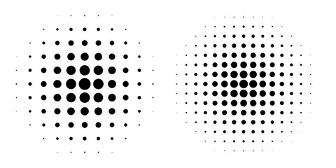 Set of halftone dots gradient pattern texture isolated on white background. Straight dotted spots using halftone circle dot raster texture. Vector blot half tone collection. eps10