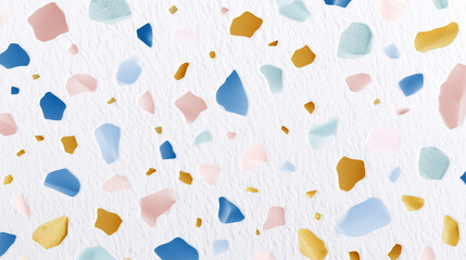 Terrazzo pattern with pastel stone chips on white surface terrazzo background, pastel pattern, stone chips, minimal surface, flooring texture, modern design.