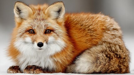   A close-up of a red fox lying on a snow-covered ground with its head turned to the side
