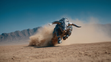 a handheld camera tracks the mechanical bull as it runs across the desert. the movement disturbs dust that trails behind the mechanical creature. cinematic live-action.