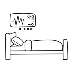 Hospital bed with heart monitor and patient sleeping in medical care setting. Hand drawn vector illustration