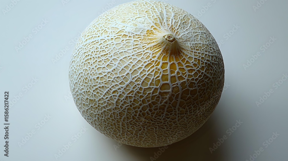 Poster fresh whole cantaloupe melon with textured netted rind pattern on neutral background, close-up view 