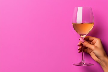 Female hand holding glass of rose wine against vibrant pink background, minimal composition with copy space for wine tasting events and celebrations.