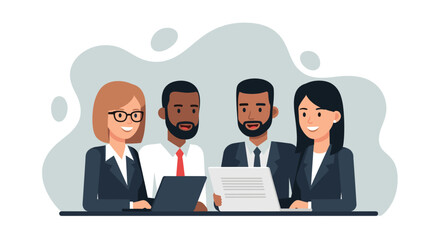 A diverse group of business professionals collaborating on a project, reviewing documents, and discussing strategies, fostering teamwork and innovation in a modern office environment.