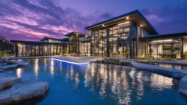 Modern luxury home with large windows by the pool at sunset  