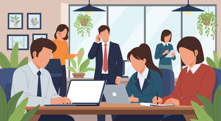 Diverse professionals collaborating in a bright, modern office setting, working on laptops and discussing projects to achieve business goals.