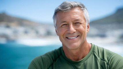 A happy senior man resting after a workout by the sea, smiling under the clear blue sky, wearing a green athletic shirt, with a reusable water bottle nearby senior fitness, healthy