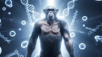 Rapid transformation of ape into man with flying genetic material on the abstract background. Myths of evolution. - Powered by Adobe