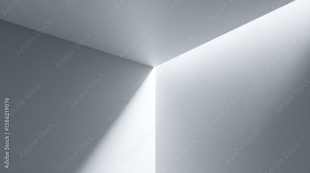 Poster light beam illuminating empty corner of a white room, creating a contrast between light and shadow, 