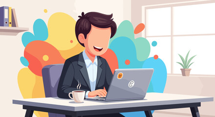 A smiling businessman works diligently on his laptop at a modern office desk, with coffee and a vibrant abstract background enhancing productivity.