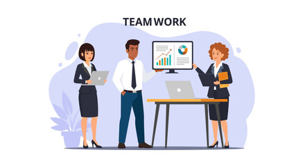 A diverse team of business professionals collaborates, analyzing data and strategizing for success, showcasing teamwork and innovation in a modern office environment.