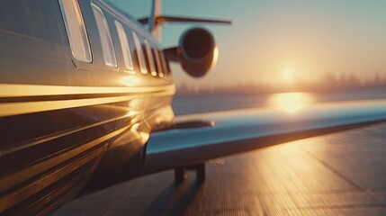 Private jet ready for takeoff on the airport runway at sunset with dramatic lighting and bokeh effect