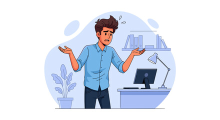 A confused young man shrugs with uncertainty at his desk, facing a computer and lamp in a modern office setting.