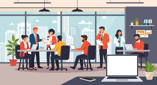 A diverse team of business professionals engages in collaborative work and discussions within a modern, open-plan office setting overlooking a city skyline.