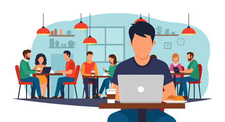 A diverse group of people are depicted in a modern cafe setting, with one individual working on a laptop, illustrating a vibrant and connected community.