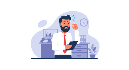 An anxious businessman with a beard holds a clipboard in an office, stressed about deadlines and work pressure.