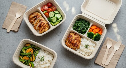 Healthy Balanced Meals in Biodegradable Containers with Eco-Friendly Utensils on a Gray Surface