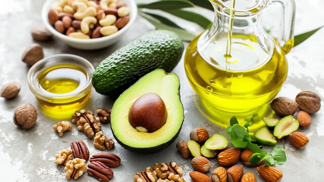 Assorted nuts and avocado with healthy oil on rustic surface