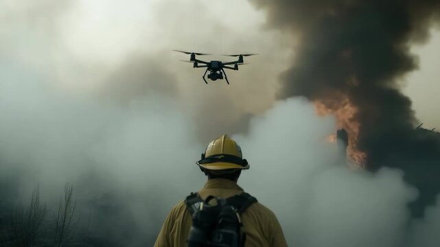 Bold firefighter: burning wall, urgent leap, gear readiness, smoke path, heroic stand, fire roar, quick aid, rescue aim, flame control, protective suit