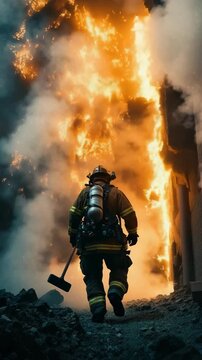 Strong protector: alarm sound, quick stride, flame defiance, rescue grip, bold act, gear flash, fire leap, urgent pull, breath control, mission resolve