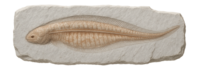 Fossilized specimen of Pikaia with a notochord and elongated, flattened body