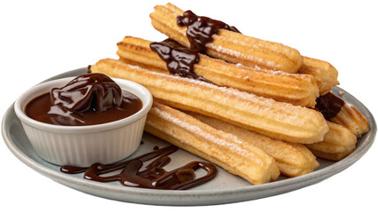 Delicious spanish churros with rich chocolate sauce for culinary delight - transparent background png