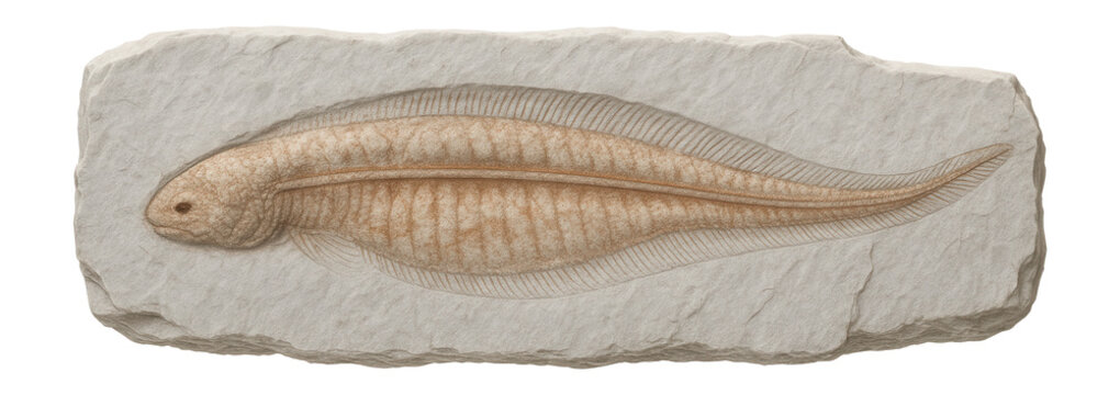 Fossilized specimen of Pikaia with a notochord and elongated, flattened body
