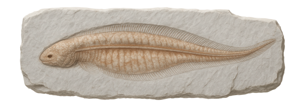 Fossilized specimen of Pikaia with a notochord and elongated, flattened body
