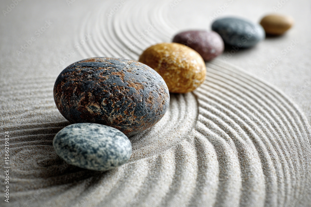 Poster smooth stones of various colors rest on fine sand, creating gentle ripples in a tranquil zen garden 