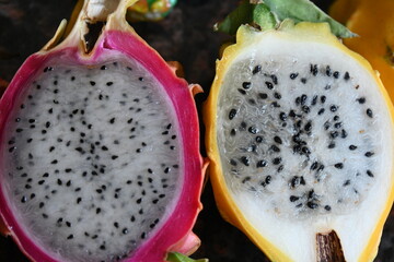 red and yellow dragon fruit,