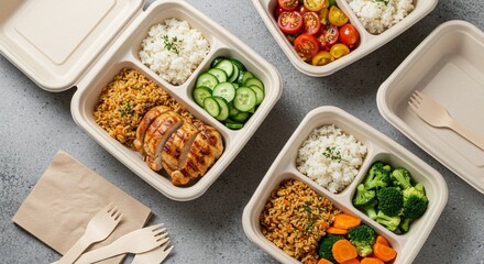 Balanced meal prep containers showcasing grilled chicken, rice, vegetables, and wooden cutlery for healthy eating