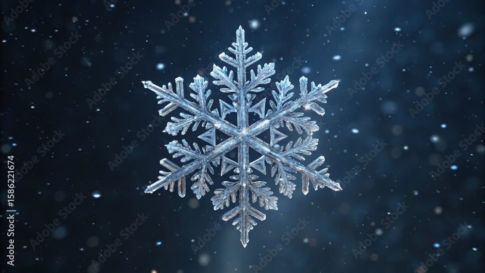 Poster intricate snowflake design on a dark background, surrounded by falling snowflakes, evoking a wintery