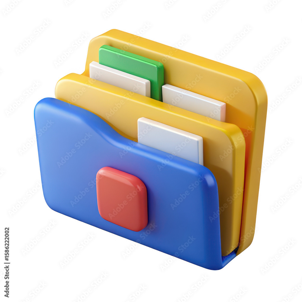Poster colorful 3d rendered folder icon with multiple documents and red tab isolated on transparent backgro