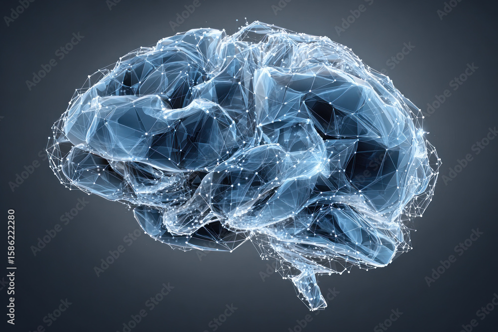 Poster a digital brain model illustrates neural connections through intricate geometric patterns and glowin