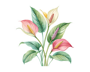 watercolor Spathiphyllum Branch vector illustration isolated on white background