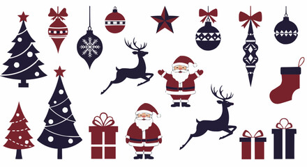 A festive arrangement of various Christmas-themed illustrations, including trees, ornaments, and Santa Claus.