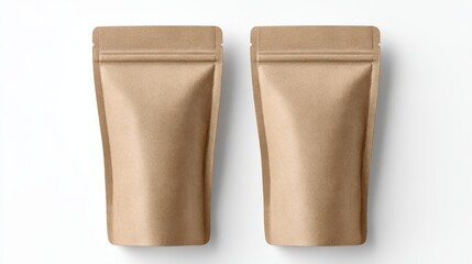 Kraft paper doypack pouches standing upright, presenting clean minimalist packaging mockup against neutral white backdrop for branding and design presentations