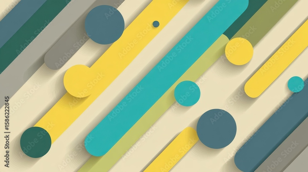 Poster overlapping stripes and circular shapes converging in bold, saturated hues, generating dynamic visua