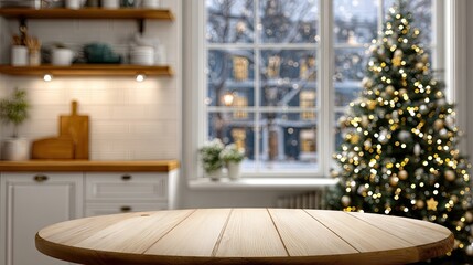 Warmly decorated kitchen features round table and festive touches in a modern setting with inviting ambiance and bright lighting