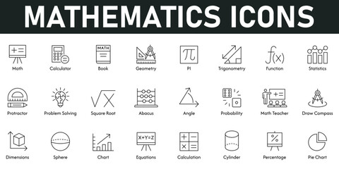 Mathematics Icons vector illustration with thin line editable stroke containing calculator, geometry, statistics, function, angle, chart, dimensions, percentage, book, probability, square root, abacus