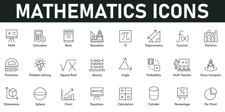 Mathematics Icons vector illustration with thin line editable stroke containing calculator, geometry, statistics, function, angle, chart, dimensions, percentage, book, probability, square root, abacus