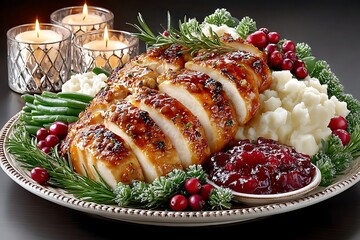 Holiday turkey platter with seasonal garnish high resolution picture