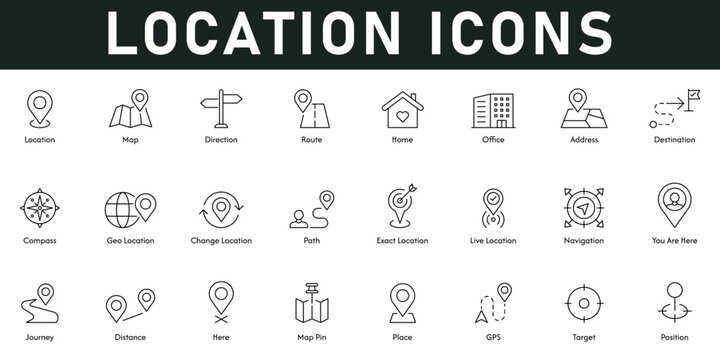 Location Icons vector illustration with thin line editable stroke containing map, direction, route, address, destination, compass, path, navigation, target, position, GPS, distance, map pin, journey - Powered by Adobe