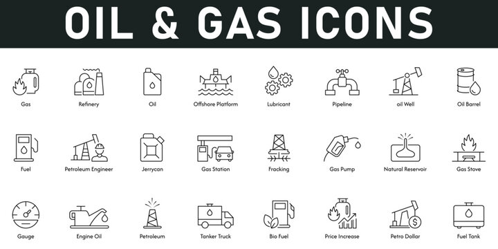 Oil and Gas Icons vector illustration with thin line editable stroke containing refinery, lubricant, pipeline, barrel, fuel, petroleum, gas station, gas pump, natural reservoir, gauge, engine oil