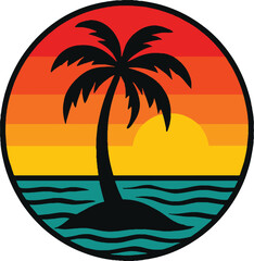 Tropical Paradise Retro Badge Sunset Beach Island Scene Emblem Vector Art