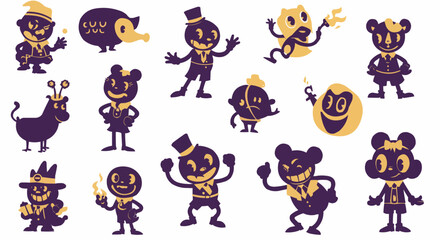 A whimsical collection of cartoon characters with various outfits and expressions.
