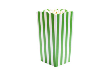 a green and white striped box with popcorn