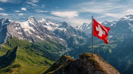 Swiss Flag Overlooking Majestic Alpine Mountains